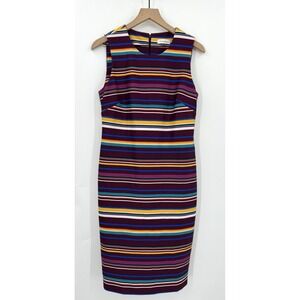 Calvin Klein Dress Womens 10 Purple Yellow Striped Sheath Midi‎ Colorful Office